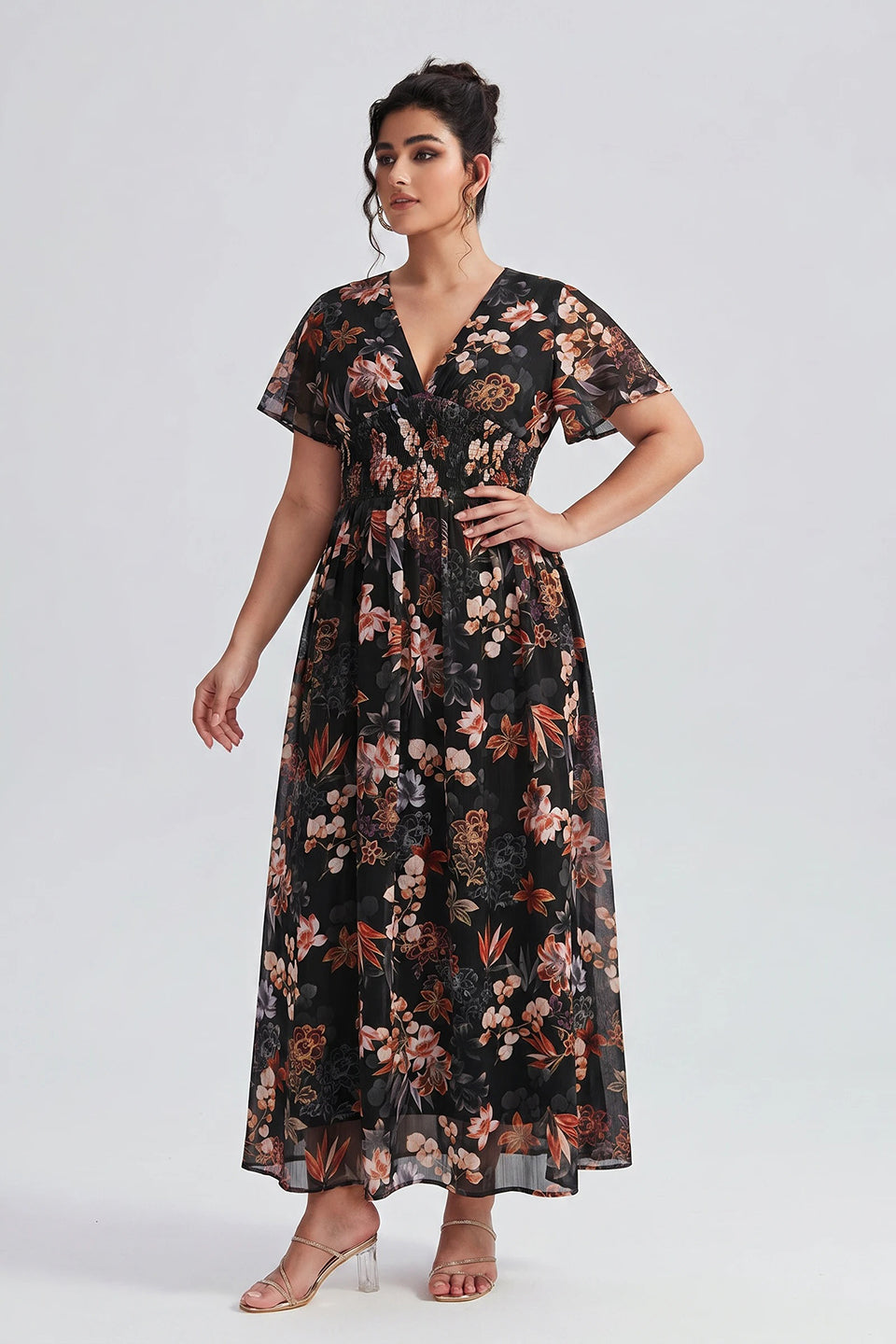 Curveins Plus Size V Neck Batwing Sleeve Floral Print Flowing Maxi Dress
