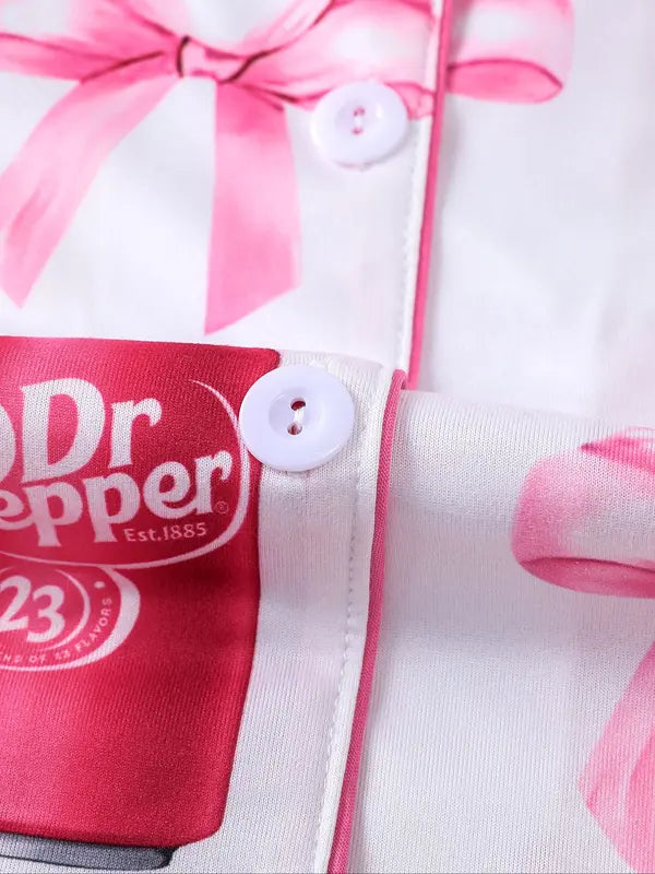 Women's Dr Pepper Pajama Set, Long Sleeve Soda Print Sleepwear, Cozy Soft Fabric Loungewear Gift for Fall and Winter