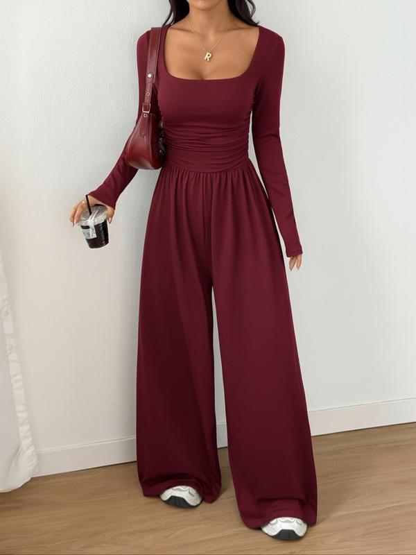 Women's Fall Winter Knit Wide Leg Jumpsuit, Casual Fashion Plain Color Round Neck One-Piece, Versatile Long Sleeve Romper