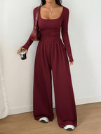 Women's Fall Winter Knit Wide Leg Jumpsuit, Casual Fashion Plain Color Round Neck One-Piece, Versatile Long Sleeve Romper