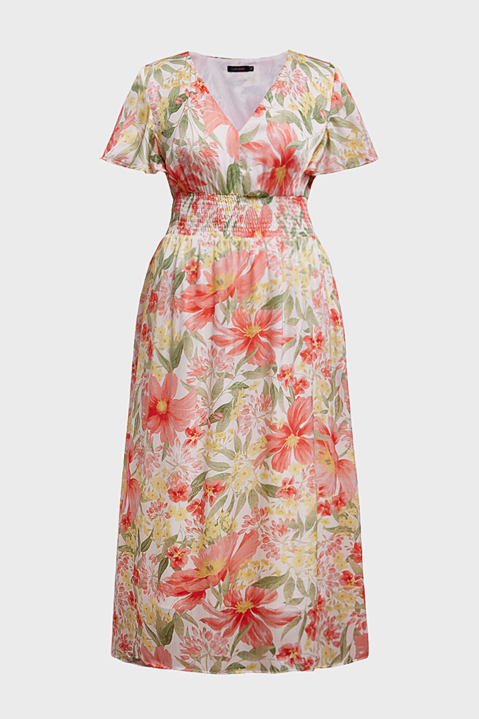 Curveins Plus Size V Neck Batwing Sleeve Cinched Waist Floral Pattern Maxi Dress