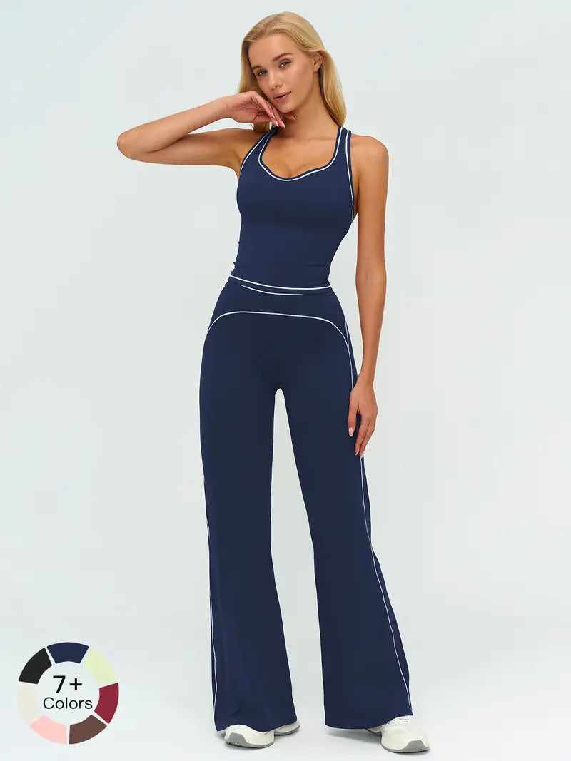 Women's yoga set with double straps, luxury activewear for running and exercise, colorblock fleece fabric.