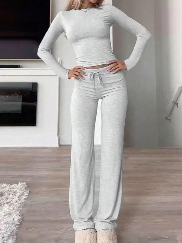 Women's Solid Ruched Drawstring Loungewear Set, Casual Long Sleeve Round Neck Top & Pocket Wide Leg Trousers, Ladies Sleepwear for All Seasons