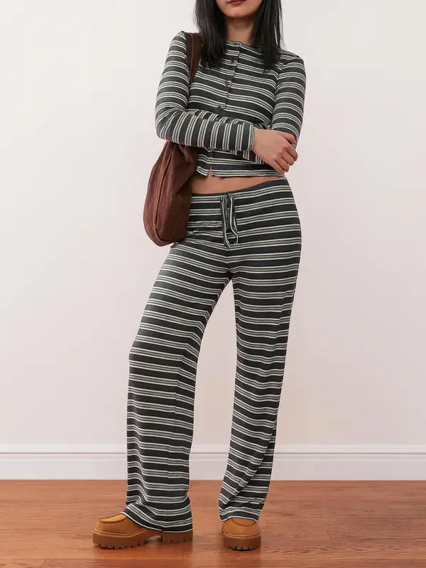 Women's Casual Colorblock Striped Long Sleeve Top & Loose-Fit Pants Set, Perfect for Holidays, Commuting, Daily Wear