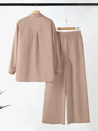 Two-piece Set Women's Solid Color Top & Wide Leg Pants, Casual Long Sleeve Top & Pants for Daily Wear, Ladies Clothes for All Seasons