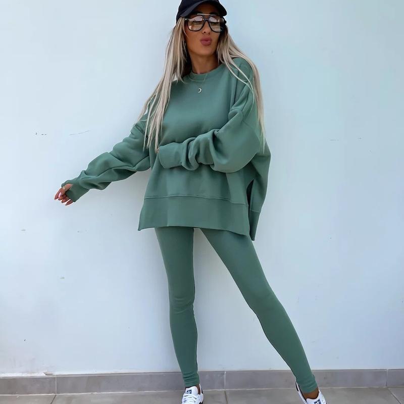 Oversize Two-Piece Set Women's  Split Hem Sweatshirt & Skinny Pants, Casual Fashion Cozy Round Neck Long Sleeve Pullover Women's Clothing for Fall & Basic Winter  Suits Womenswear Gamis