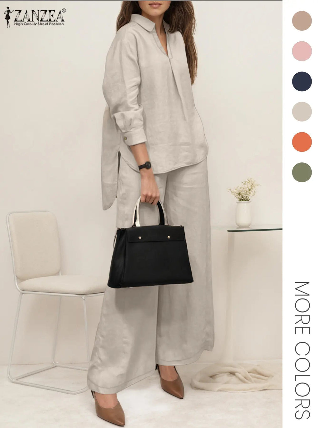 Two-piece Set Women's Solid Color Top & Wide Leg Pants, Casual Long Sleeve Top & Pants for Daily Wear, Ladies Clothes for All Seasons