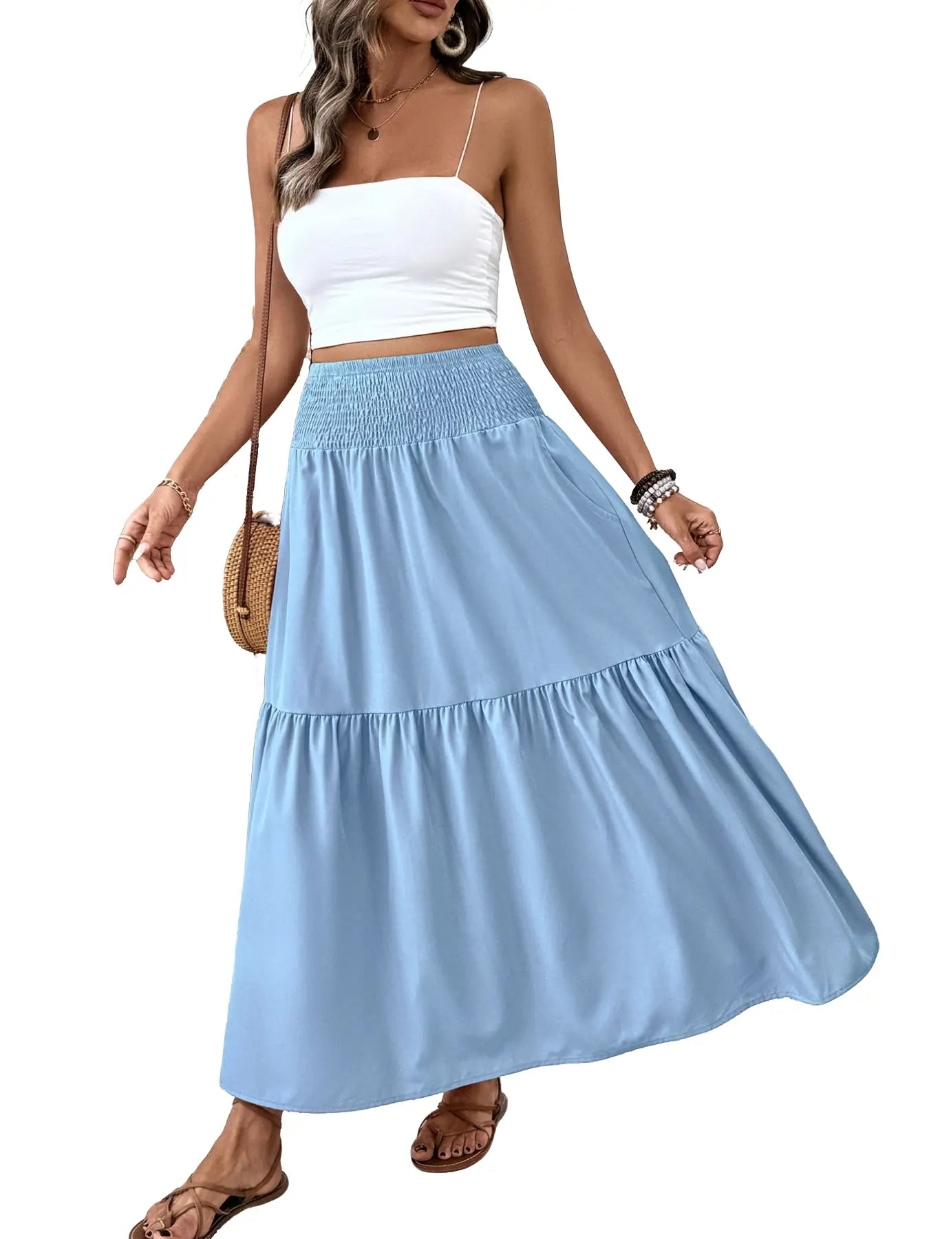 Women's Floral Casual A-Line Skirt, Elastic Waist Pockets, Leaf Hem, Long Fitted Skirt, Fashionable Mid-Length Dress