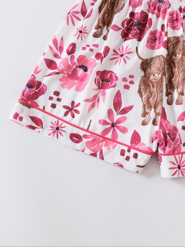 Women's Floral & Cow Print Top & Shorts Pajama Two-piece Set, Casual Comfy Short Sleeve Top & Shorts Pajama Set
