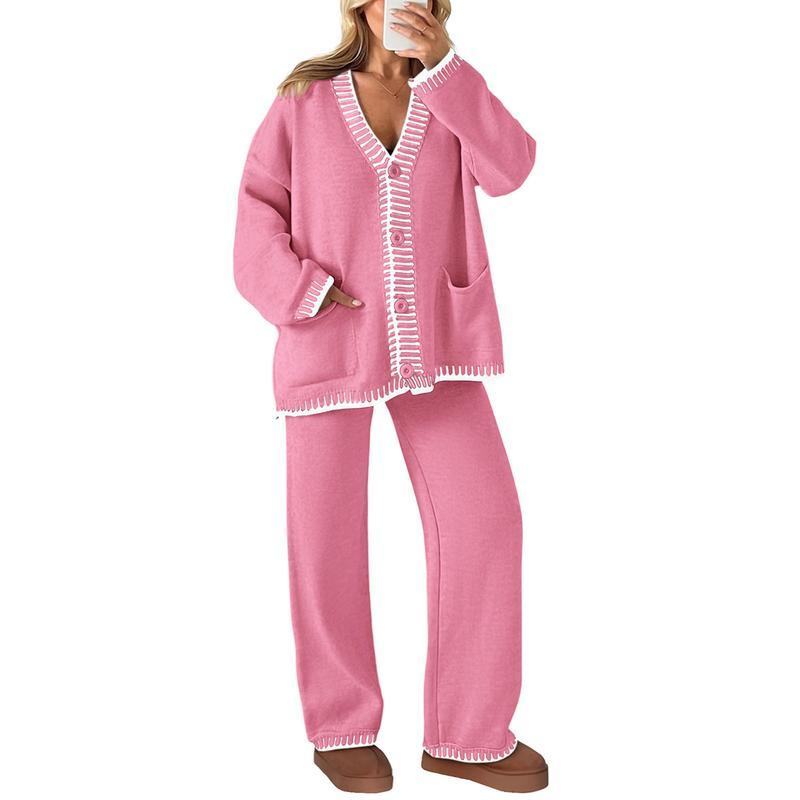 Women's 2 Piece Set Winter Knit Outfits Matching Loungewear Long Sleeve V Neck Cardigan Sweaters Wide Leg Pants Tracksuits
