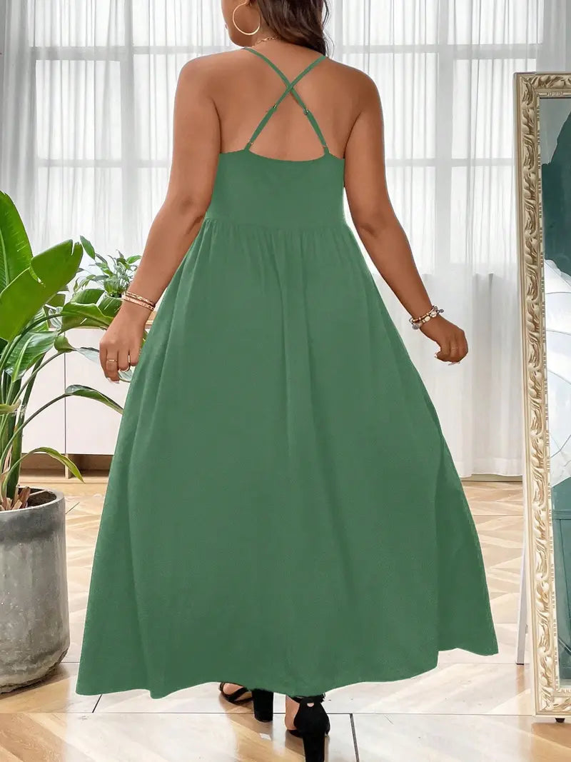 Plus Size Criss Cross Backless Cami Dress, Casual Solid Sleeveless Spaghetti Strap A-Line Dress for Summer, Women's Clothes for Party Holiday