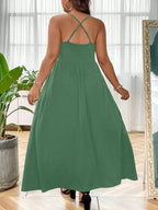 Plus Size Criss Cross Backless Cami Dress, Casual Solid Sleeveless Spaghetti Strap A-Line Dress for Summer, Women's Clothes for Party Holiday