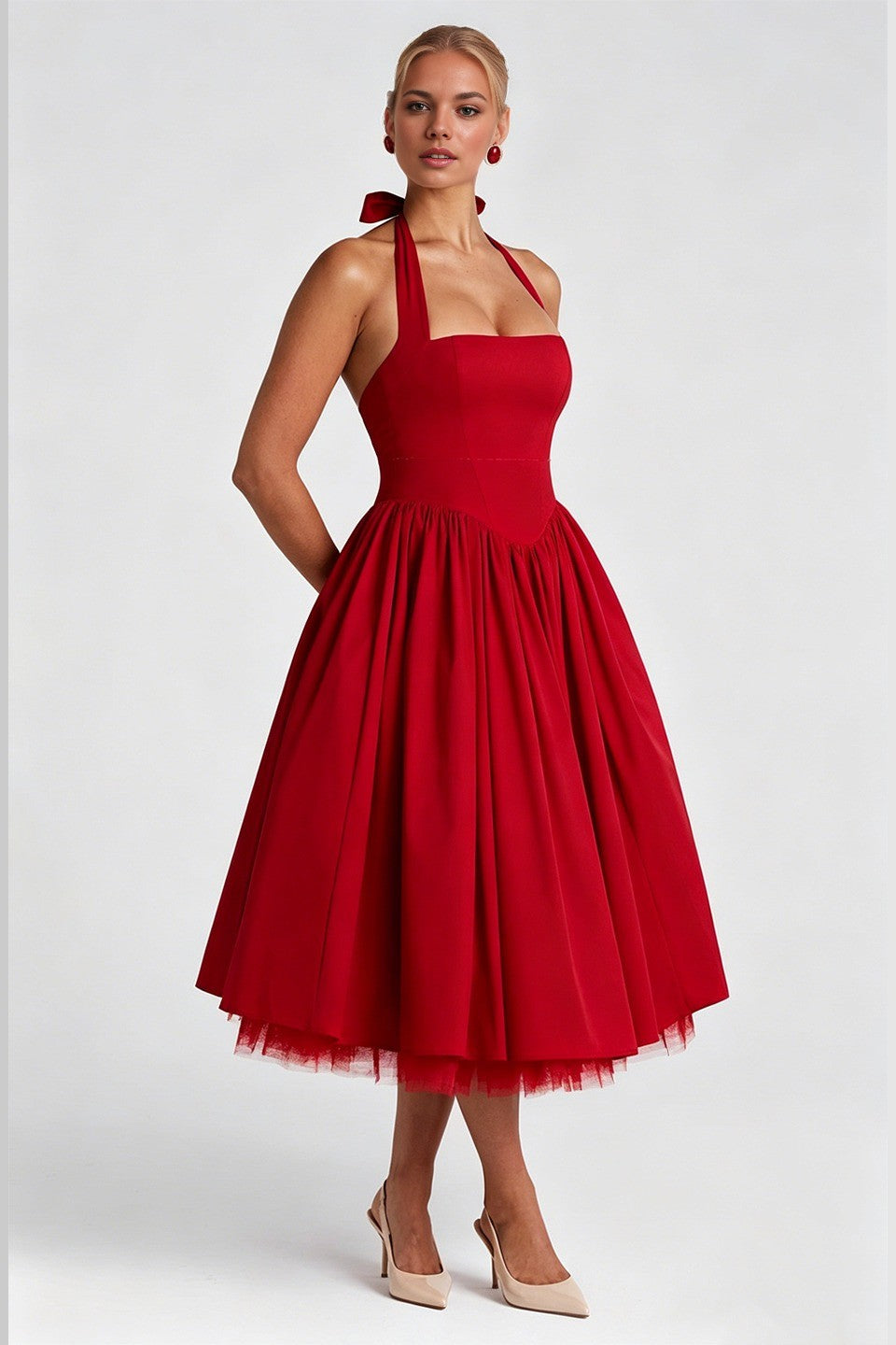 Curveins Plus Size Halter Neck Spaghetti Strap Sleeveless Puff Skirt Midi Dress