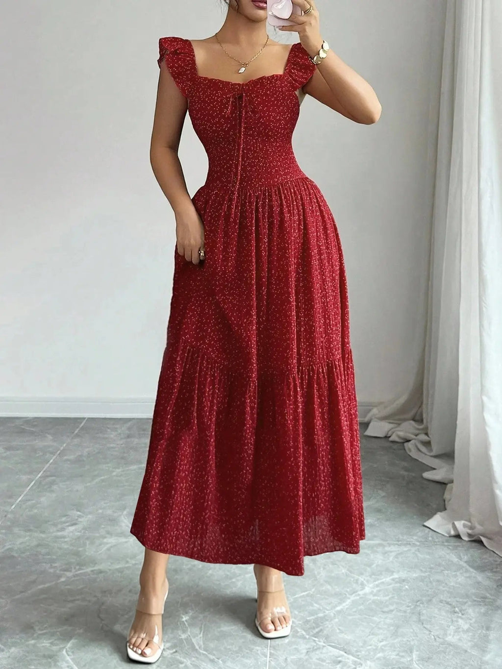 1 Piece Spring & Summer Ruffled Square Neck Polka Dot Maxi Dress