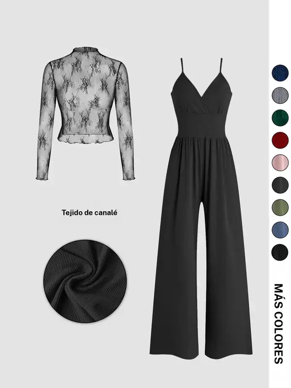 Valentine's Day Women's Solid Color Lace Tee & Pocket Jumpsuit Two-piece Set, Elegant Fashion Casual Zipper Back Cami Jumpsuit & Long Sleeve Top for Daily Outdoor Wear, Women's Clothing for Spring & Fall