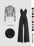 Valentine's Day Women's Solid Color Lace Tee & Pocket Jumpsuit Two-piece Set, Elegant Fashion Casual Zipper Back Cami Jumpsuit & Long Sleeve Top for Daily Outdoor Wear, Women's Clothing for Spring & Fall