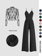 Valentine's Day Women's Solid Color Lace Tee & Pocket Jumpsuit Two-piece Set, Elegant Fashion Casual Zipper Back Cami Jumpsuit & Long Sleeve Top for Daily Outdoor Wear, Women's Clothing for Spring & Fall