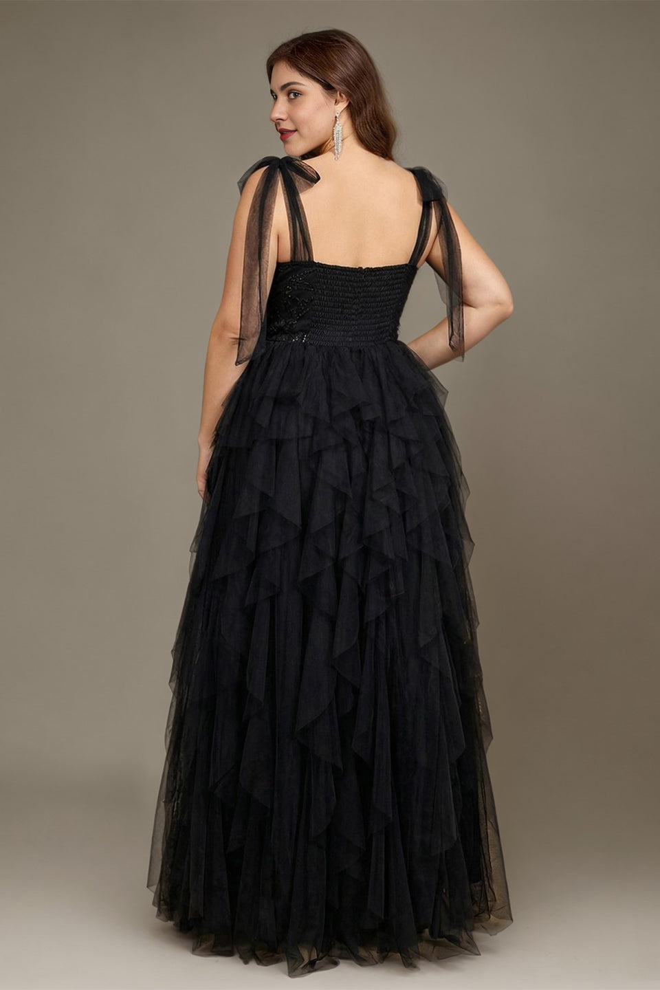 Curveins Plus Size V Neck Cami Tulle Overlay Sequin Patchwork Flattering Maxi Dress