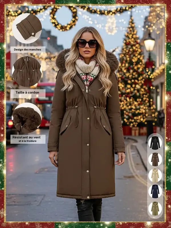 Women's Fall Winter Warm Fashion Mid-Length Parka Coat, Faux Fur Collar Drawstring Waist Belt, Windproof Waterproof Cold-Resistant