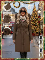 Women's Fall Winter Warm Fashion Mid-Length Parka Coat, Faux Fur Collar Drawstring Waist Belt, Windproof Waterproof Cold-Resistant