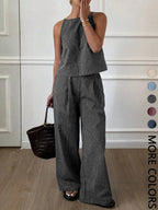 Two-Piece Women's Casual Summer Striped Lightweight Spaghetti Strap Sleeveless Top & Loose Long Pants Outfit Set, Comfortable Stylish Set