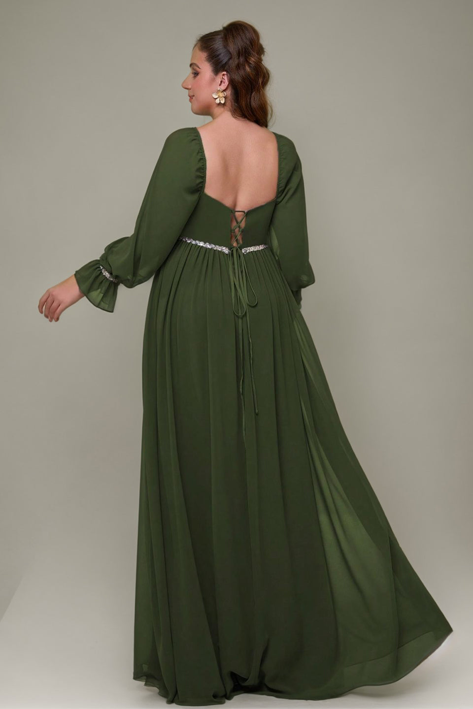 Curveins Plus Size Square Neck Long Sleeve Maxi Dress with Ruched Waist
