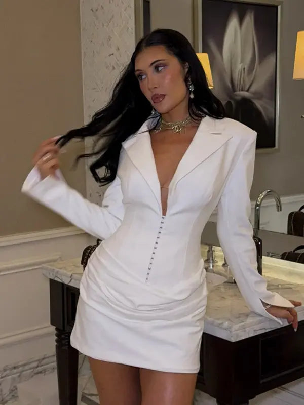 Women's Fashion Solid Color Deep V Neck Elegant Dress, Trendy Ruched Waist Design, Perfect for Spring Autumn Parties
