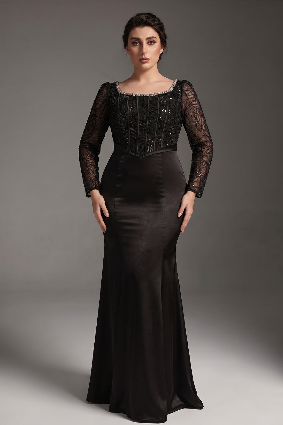 Curveins Plus Size Round Neck Long Sleeve Patchwork Ruched Waist Bodycon Maxi Dress