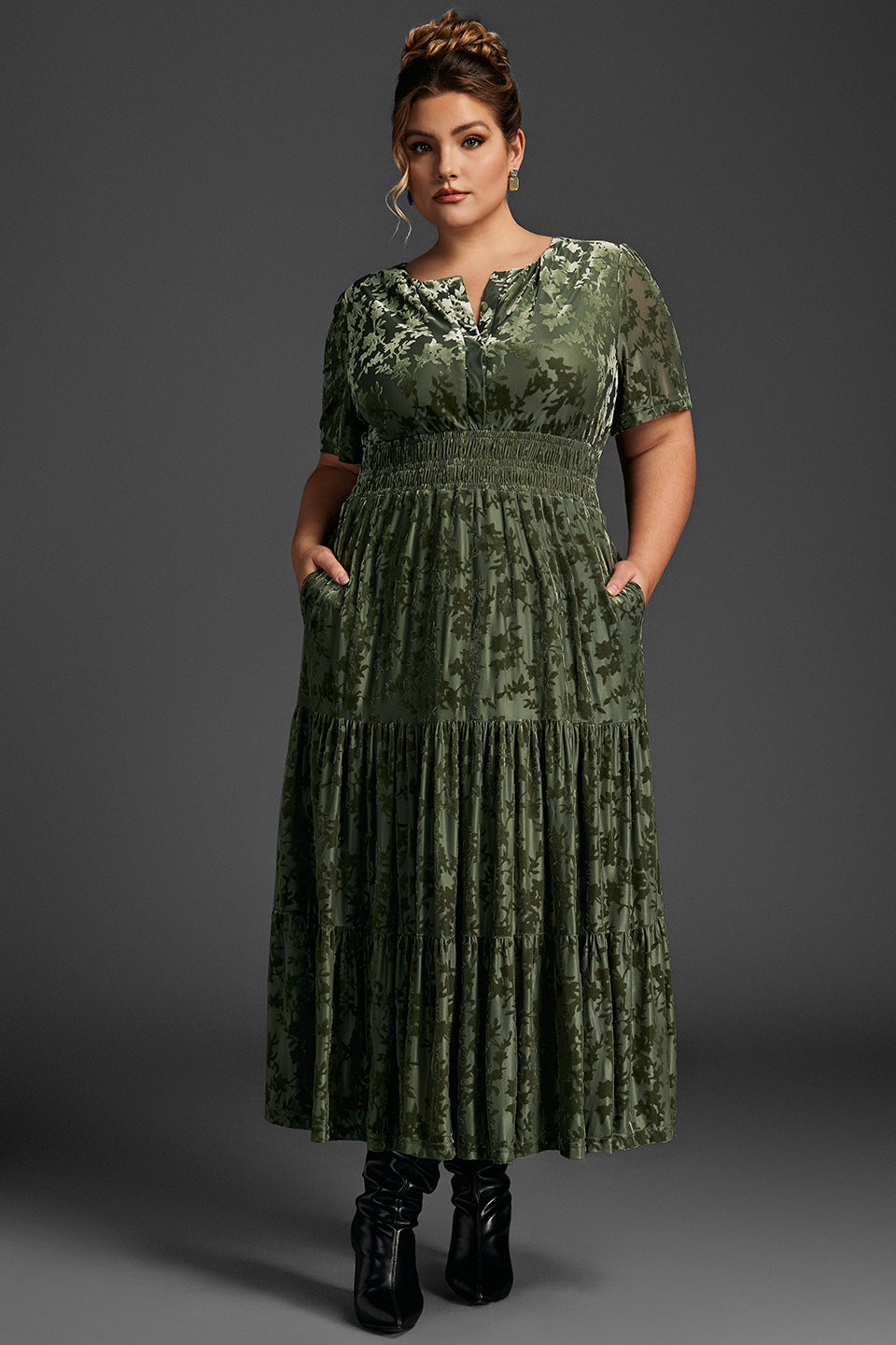 Curveins Plus Size Velvet V-Neck Ruched  Dress
