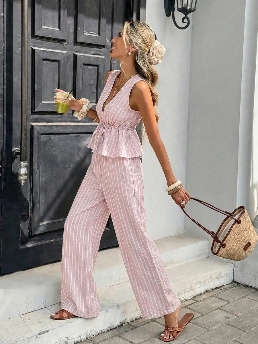 Women's Striped Two-Piece Set: Sleeveless Tie-Waist Top and Relaxed Long Pants — Vintage Bohemian Style, Commuter Outfit