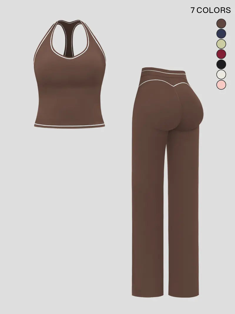 Women's yoga set with double straps, luxury activewear for running and exercise, colorblock fleece fabric.