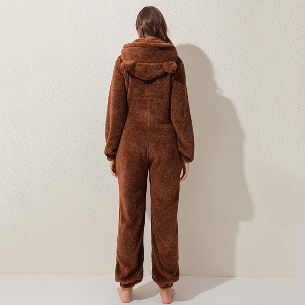Womens Fleece Onesies Pajamas Jumpsuit Warm Sherpa Romper Sleepwear One Piece Zipper Hooded Playsuit Loungewear