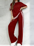 Women's Casual Athleisure Sportswear Set, Solid Color Round-Neck Short-Sleeve Split-Hem Top and Striped Long Pants, Spring/Summer Two-Piece Set