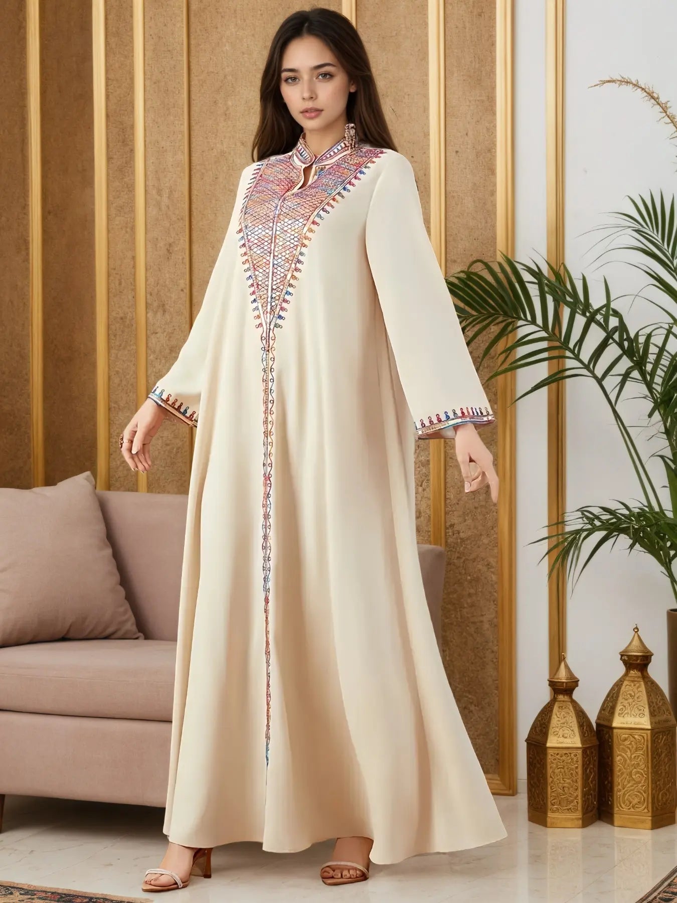 Elegant Muslim Women's Long Robe with Colorful Embroidery, Perfect for All Seasons, Stylish and Comfortable Clothing, Muslim Women Gowns