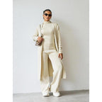 Trendy Knit Turtle Neck Tank & Wide Leg Trousers with Open-front Long Cardigan Three-piece Clothes Sets, Casual Womenswear