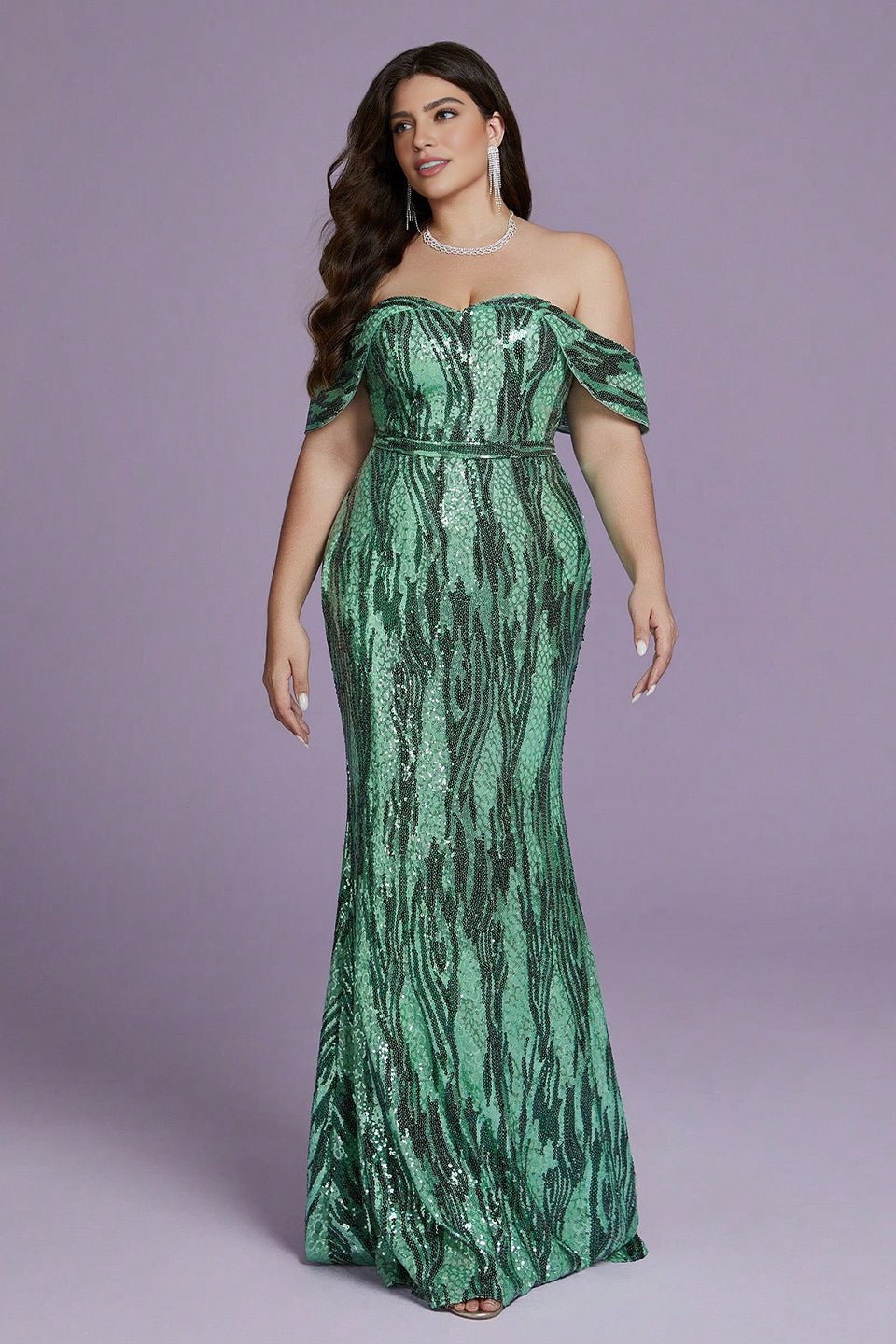 Curveins Plus Size Off-Shoulder Bodycon Sequin Maxi Dress with Textured Detailing