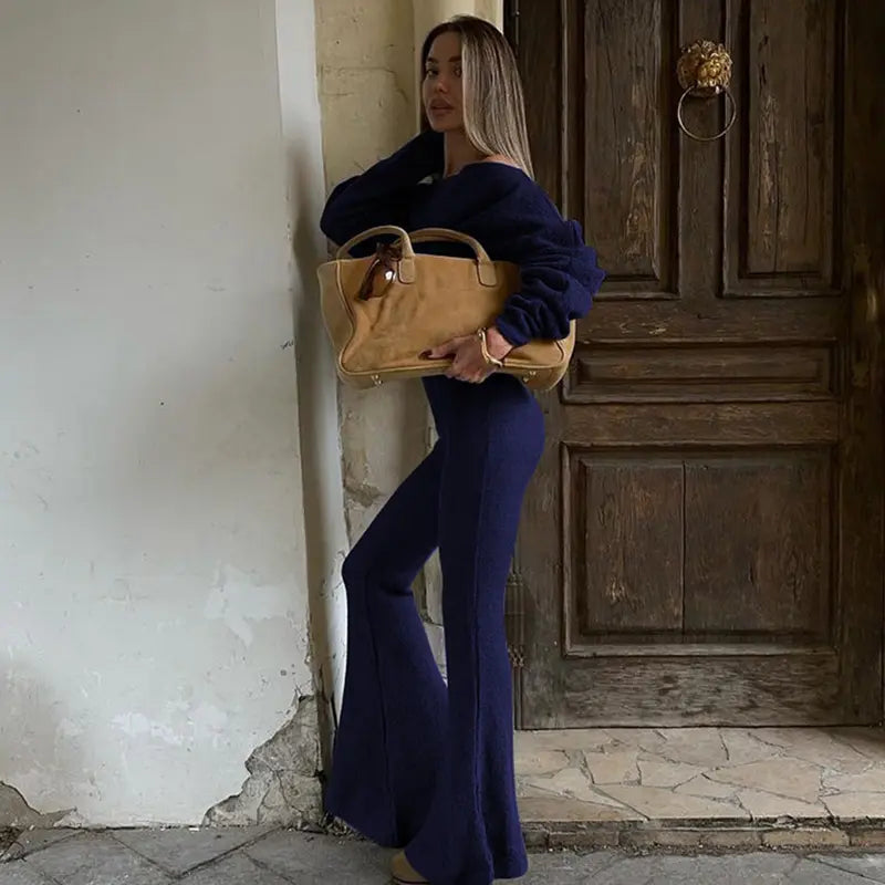 Women's Solid Asymmetrical Neck Top & Flare Leg Pants Set, Casual Drop Shoulder Long Sleeve Top & Trousers, Women's Fall & Winter Clothes for Daily Wear