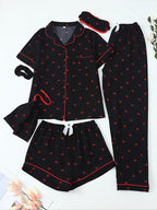Women's All Over Print Top & Shorts & Pants & Accessories Pyjama Set, Casual Comfy Pj Set, Ladies Sleepwear for All Seasons