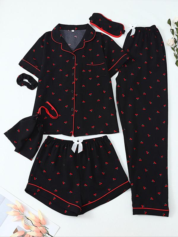Women's All Over Print Top & Shorts & Pants & Accessories Pyjama Set, Casual Comfy Pj Set, Ladies Sleepwear for All Seasons