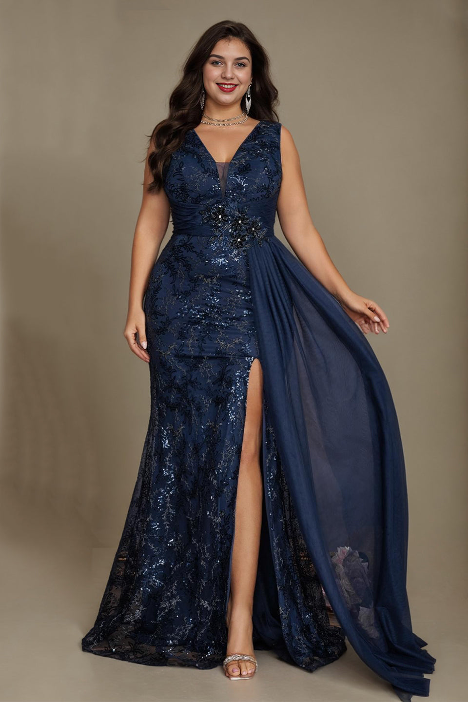 Curveins Plus Size V Neck Sleeveless Sequin Floral Side Tie Elegant Maxi Dress