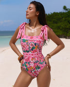 Pink Floral Paradise Print One Piece Swimsuit and Skirt