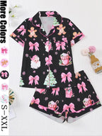 Women's Christmas Pajama Set, Santa Cookie Print, Short Sleeve Button-up Top & Elastic Shorts, Casual All-season Sleepwear, Christmas Pyjamas, Loungewear