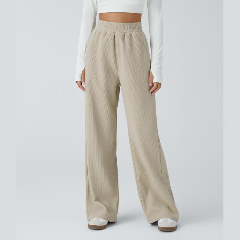 High Waisted Side Pocket Straight Leg Mop Corduroy Casual Pants