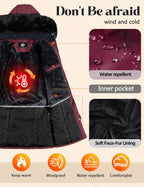 Women's Long Coats Winter Fleece Lined Warm Long Jackets for Women, Water Repellent Windproof Parka Coat Zip Up Button Drawstring Waist Overcoat with Pockets and Detachable Hood