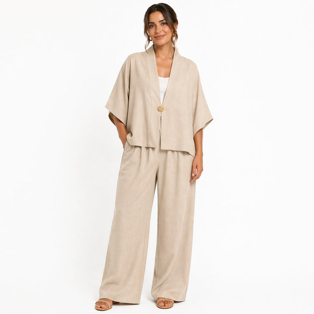 Ensemble femme oversize fluide 2 pièces – Kimono manches larges & pantalon taille élastique – Look chic confortableE