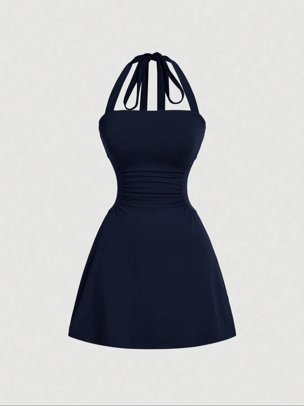 Women's Plain Ruched Tie Back Halter Neck Dress