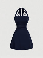 Women's Plain Ruched Tie Back Halter Neck Dress