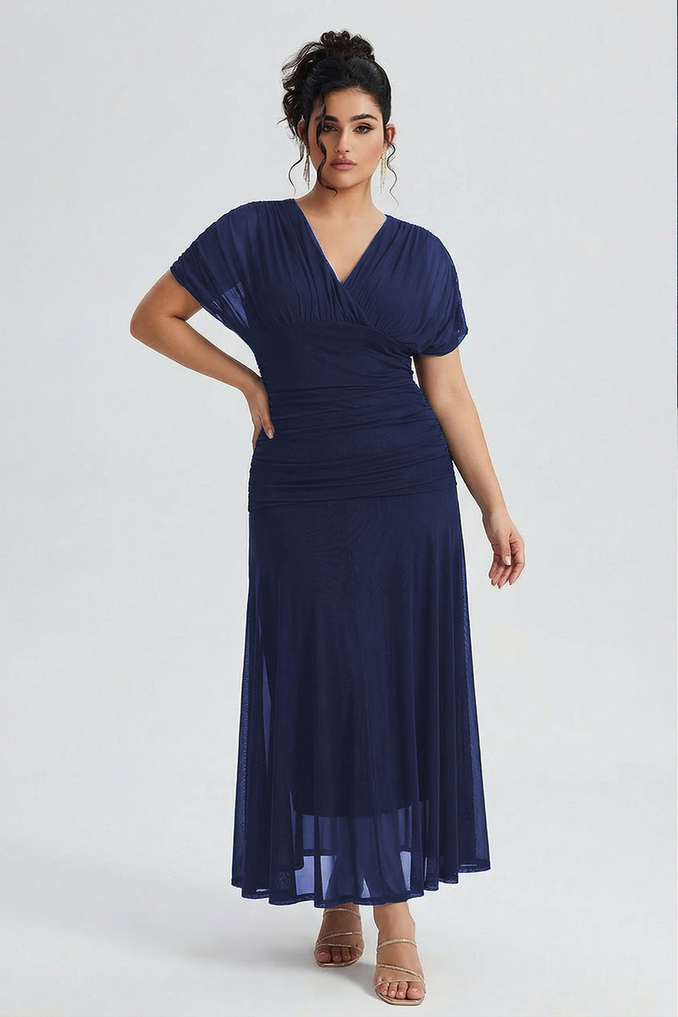 Curveins Plus Size V Neck Batwing Sleeve Cinched Waist Maxi Dress