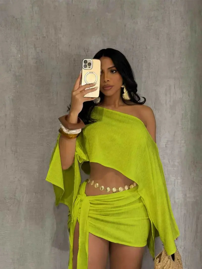 Trendy women's off-the-shoulder top and bodycon skirt set; breathable beachwear for casual vacations.
