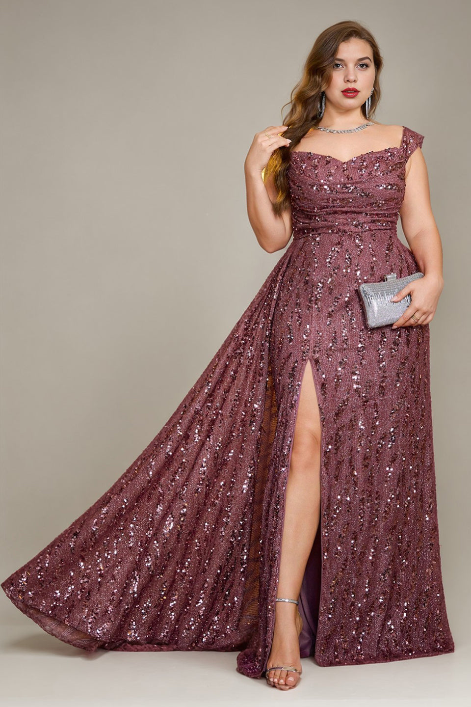 Curveins Plus Size V Neck Side Slit Spaghetti Strap Sequin Fitted Maxi Dress